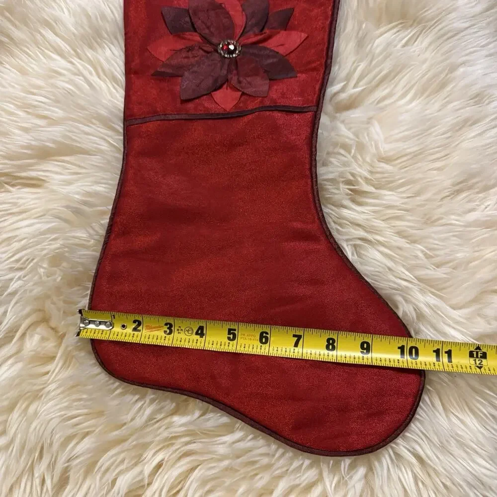 VTG Poinsettia Burgundy Red Christmas Stocking Metallic Thread Nylon Rhinestone